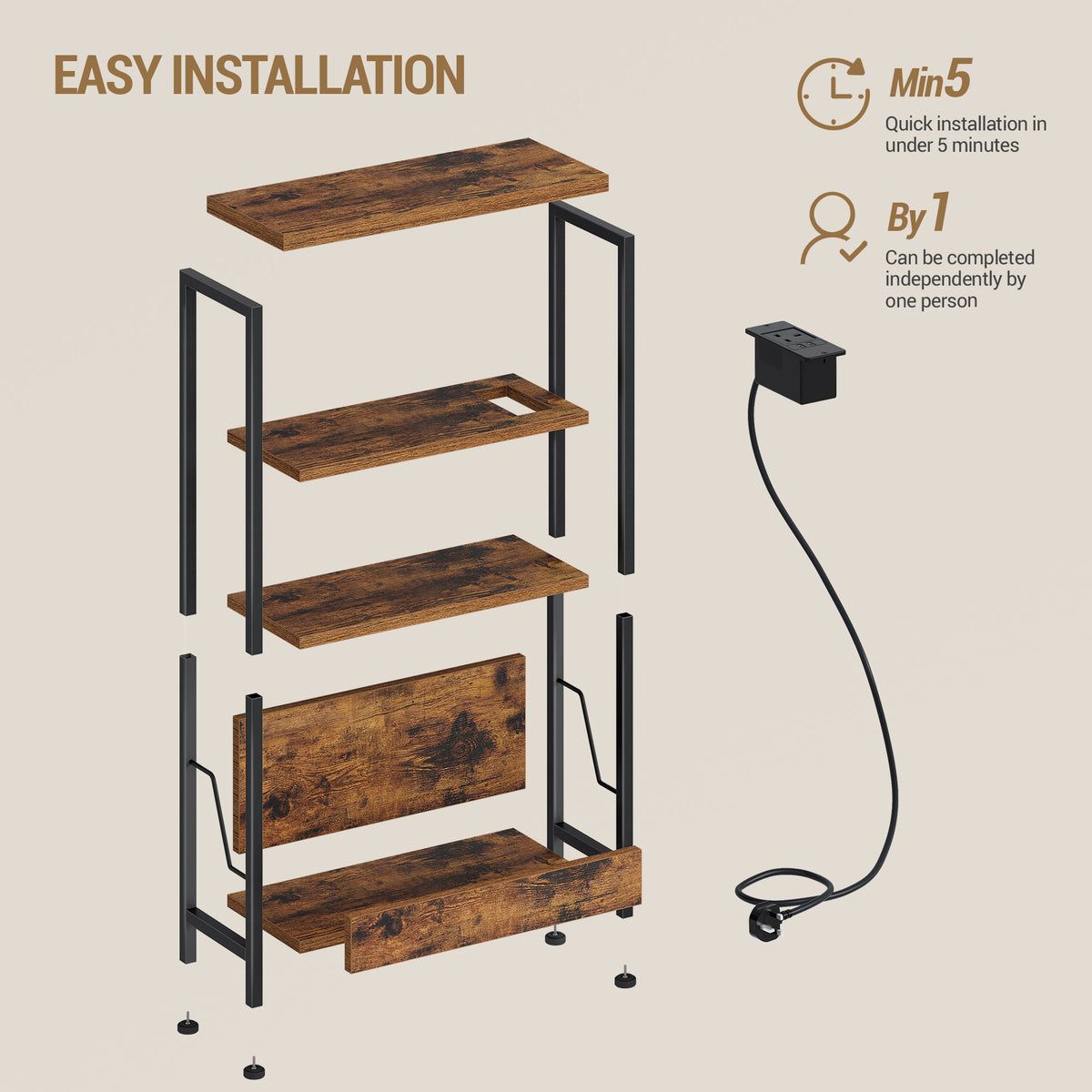 Hzuaneri Narrow Side Table with Charging Station, 4-Tier Slim Bedside Table with Magazine Rack, Sofa End Table for Small Spaces, Living Rooms, Bedrooms, Study as a Nightstand, Rustic Brown T40001B