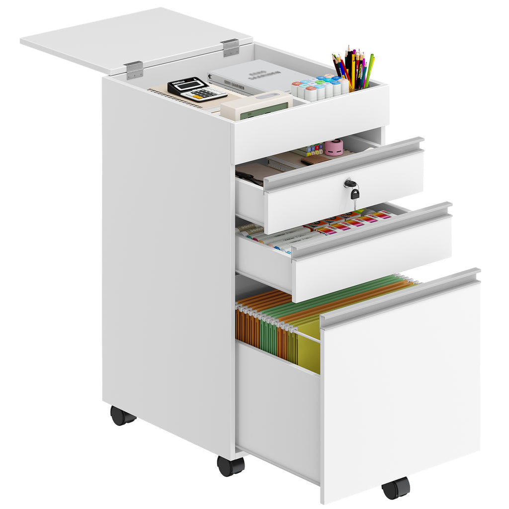 Hzuaneri rolling container, filing cabinet, lockable office cabinet with 3 drawers, extra storage space on top, drawer cabinet for DIN A4, Letter, for office, home office, 40 x 40 x 70 cm White FC41003X