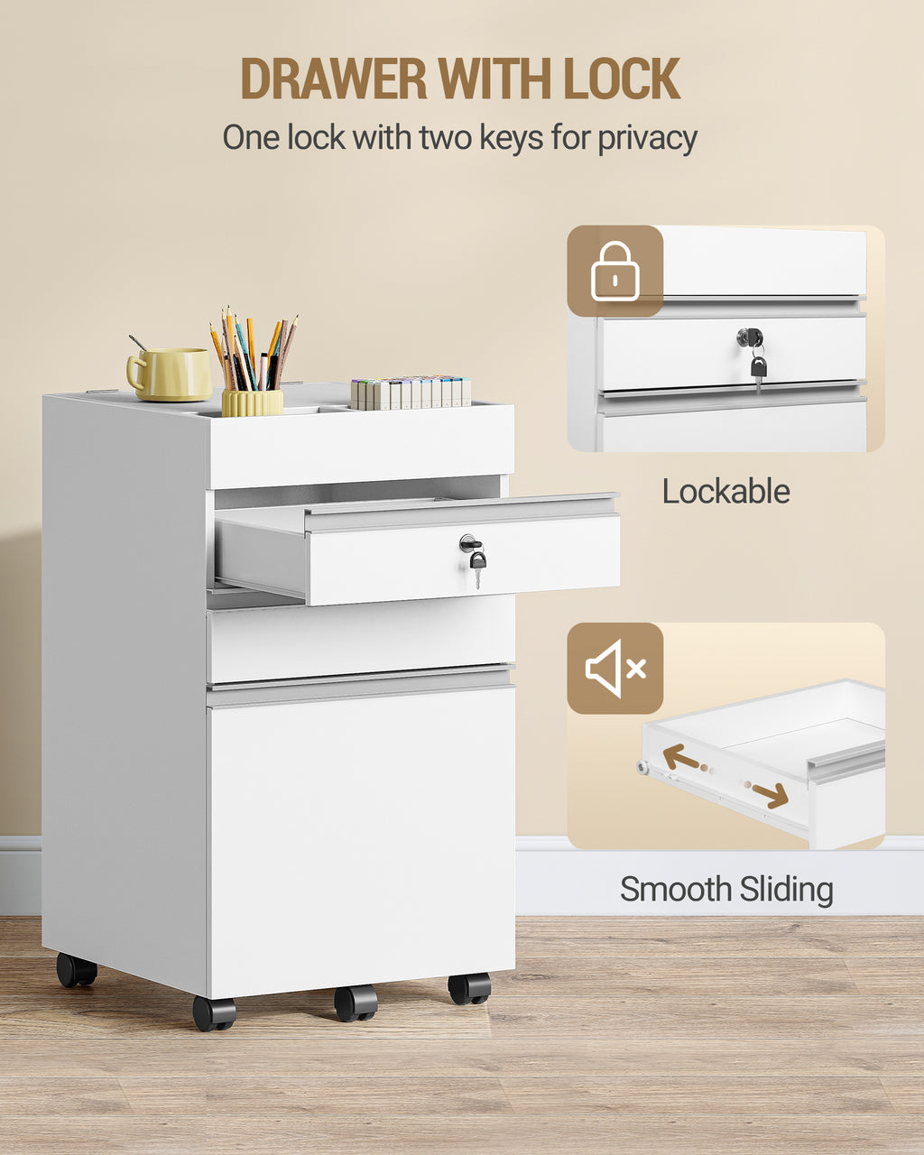 Hzuaneri rolling container, filing cabinet, lockable office cabinet with 3 drawers, extra storage space on top, drawer cabinet for DIN A4, Letter, for office, home office, 40 x 40 x 70 cm White FC41003X