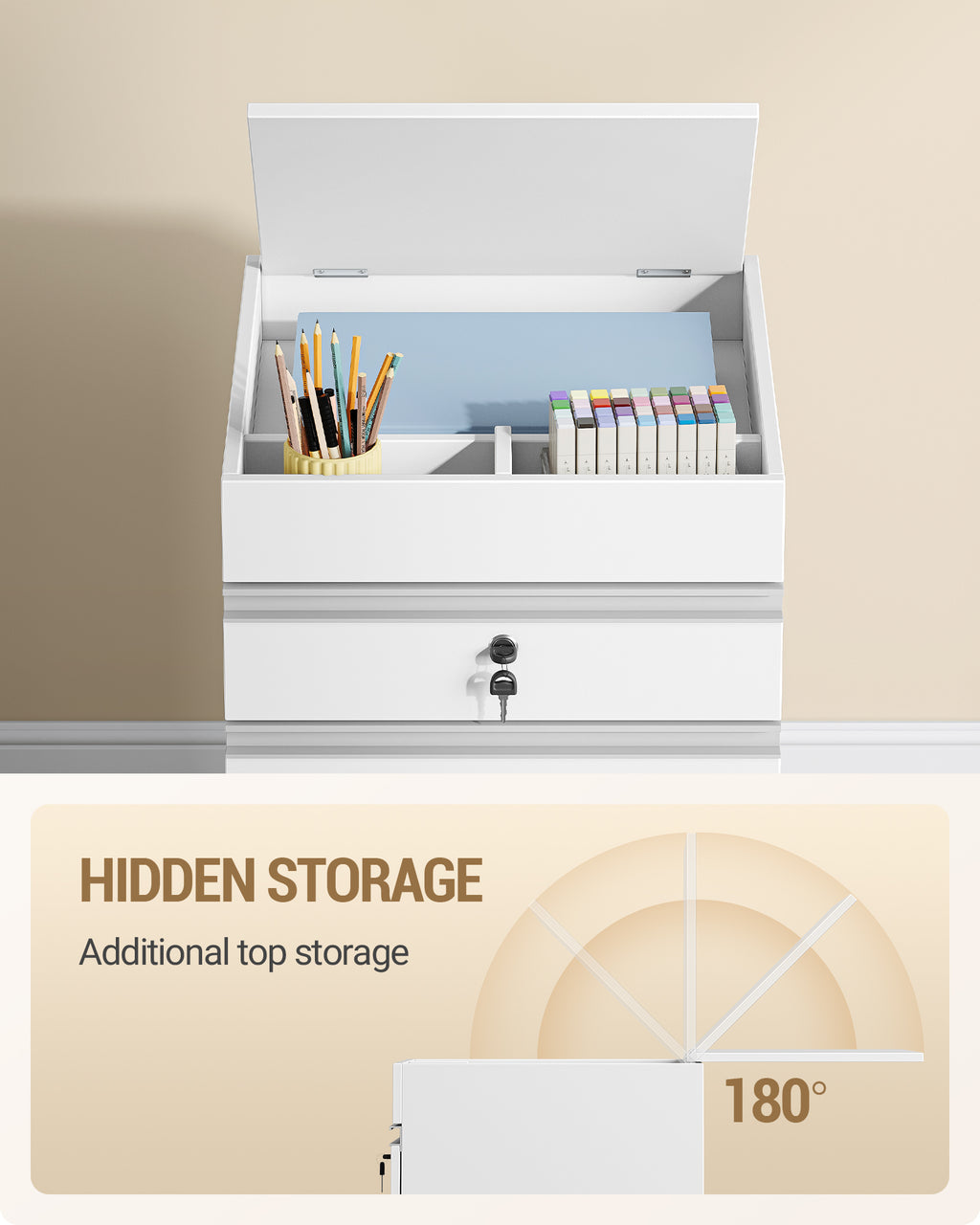Hzuaneri rolling container, filing cabinet, lockable office cabinet with 3 drawers, extra storage space on top, drawer cabinet for DIN A4, Letter, for office, home office, 40 x 40 x 70 cm White FC41003X