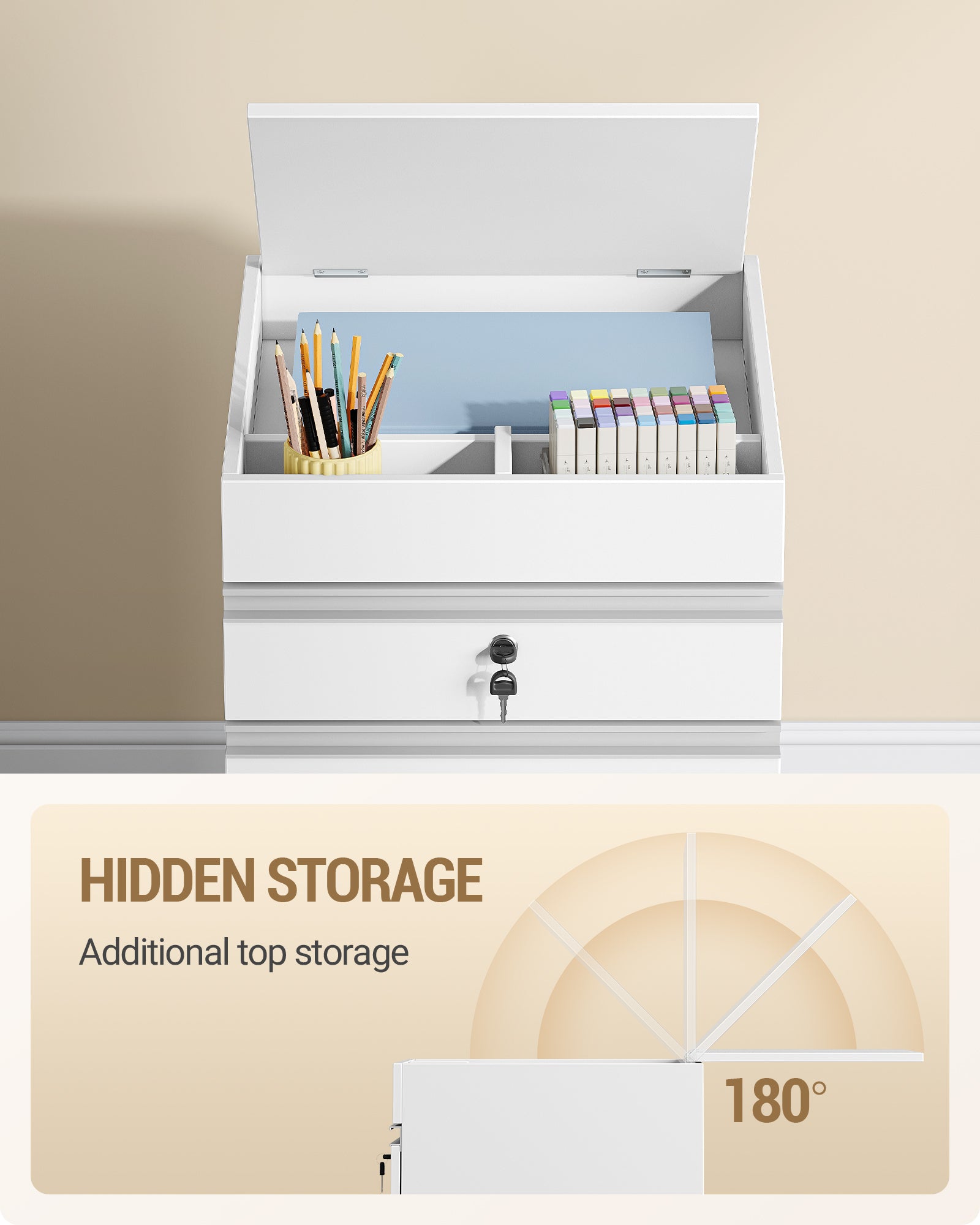 Hzuaneri rolling container, filing cabinet, lockable office cabinet with 3 drawers, extra storage space on top, drawer cabinet for DIN A4, Letter, for office, home office, 40 x 40 x 70 cm White FC41003X