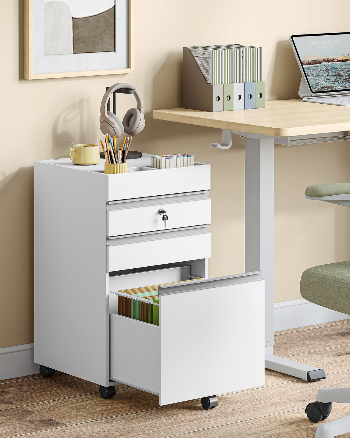 Hzuaneri rolling container, filing cabinet, lockable office cabinet with 3 drawers, extra storage space on top, drawer cabinet for DIN A4, Letter, for office, home office, 40 x 40 x 70 cm White FC41003X
