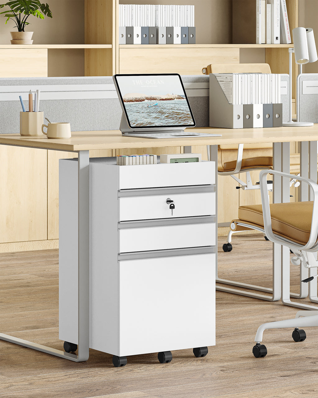 Hzuaneri rolling container, filing cabinet, lockable office cabinet with 3 drawers, extra storage space on top, drawer cabinet for DIN A4, Letter, for office, home office, 40 x 40 x 70 cm White FC41003X