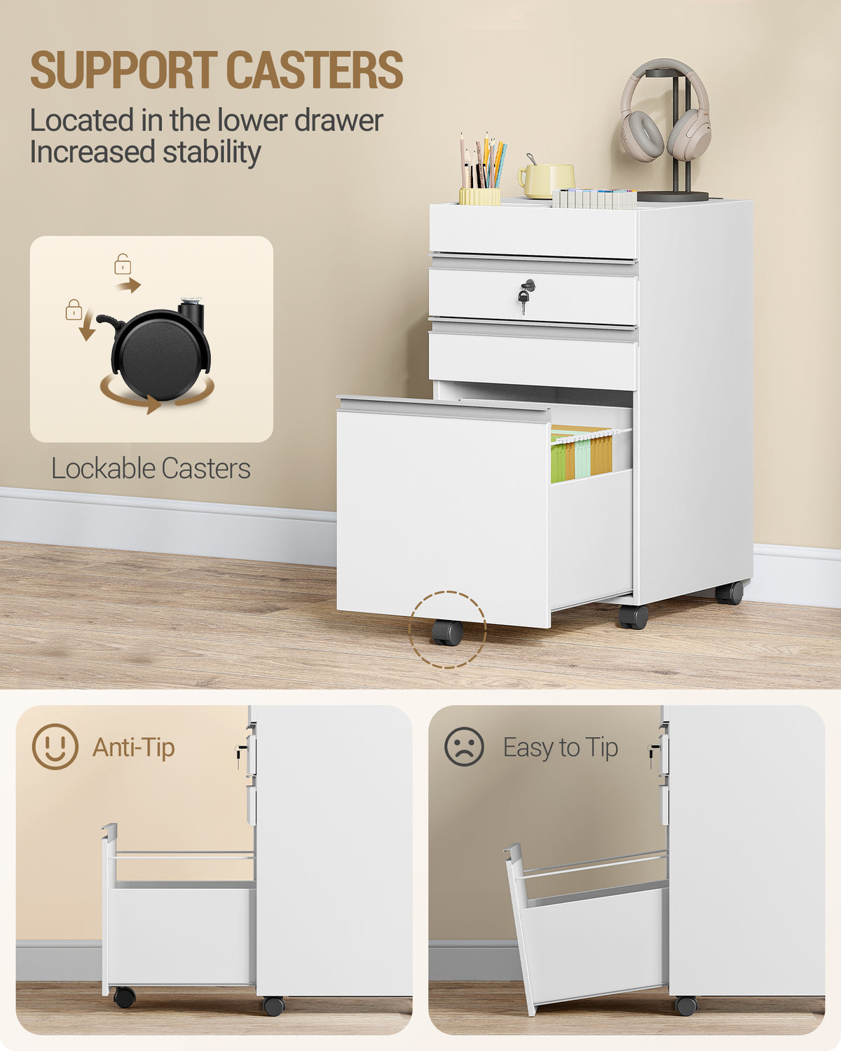 Hzuaneri rolling container, filing cabinet, lockable office cabinet with 3 drawers, extra storage space on top, drawer cabinet for DIN A4, Letter, for office, home office, 40 x 40 x 70 cm White FC41003X