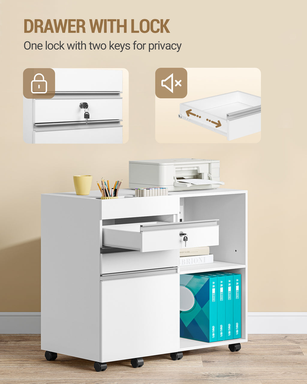 Hzuaneri rolling container, filing cabinet, lockable office cabinet with 3 drawers, extra storage space on top, drawer cabinet for DIN A4, Letter, for office, home office, 40 x 40 x 70 cm White FC41003X