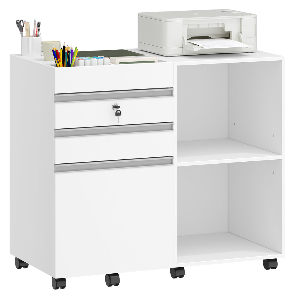 Hzuaneri Rolling Container, Mobile Filing Cabinet, Office Cabinet with 3 Drawers, 2 Open Compartments, Drawer Cabinet with Adjustable Hanging File for DIN A4, Letter, Office, Home Office, White FC42003X