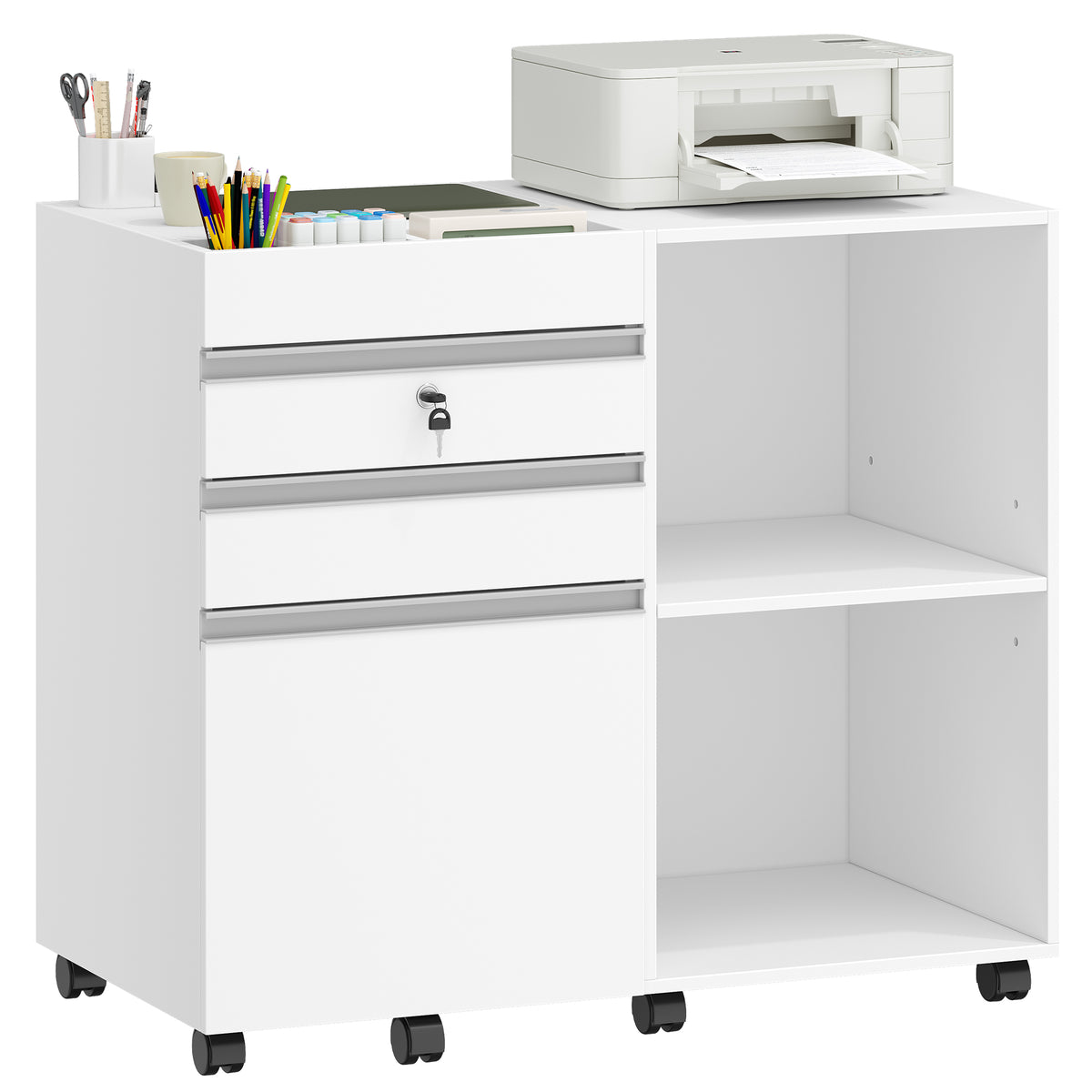 Hzuaneri Rolling Container, Mobile Filing Cabinet, Office Cabinet with 3 Drawers, 2 Open Compartments, Drawer Cabinet with Adjustable Hanging File for DIN A4, Letter, Office, Home Office, White FC42003X