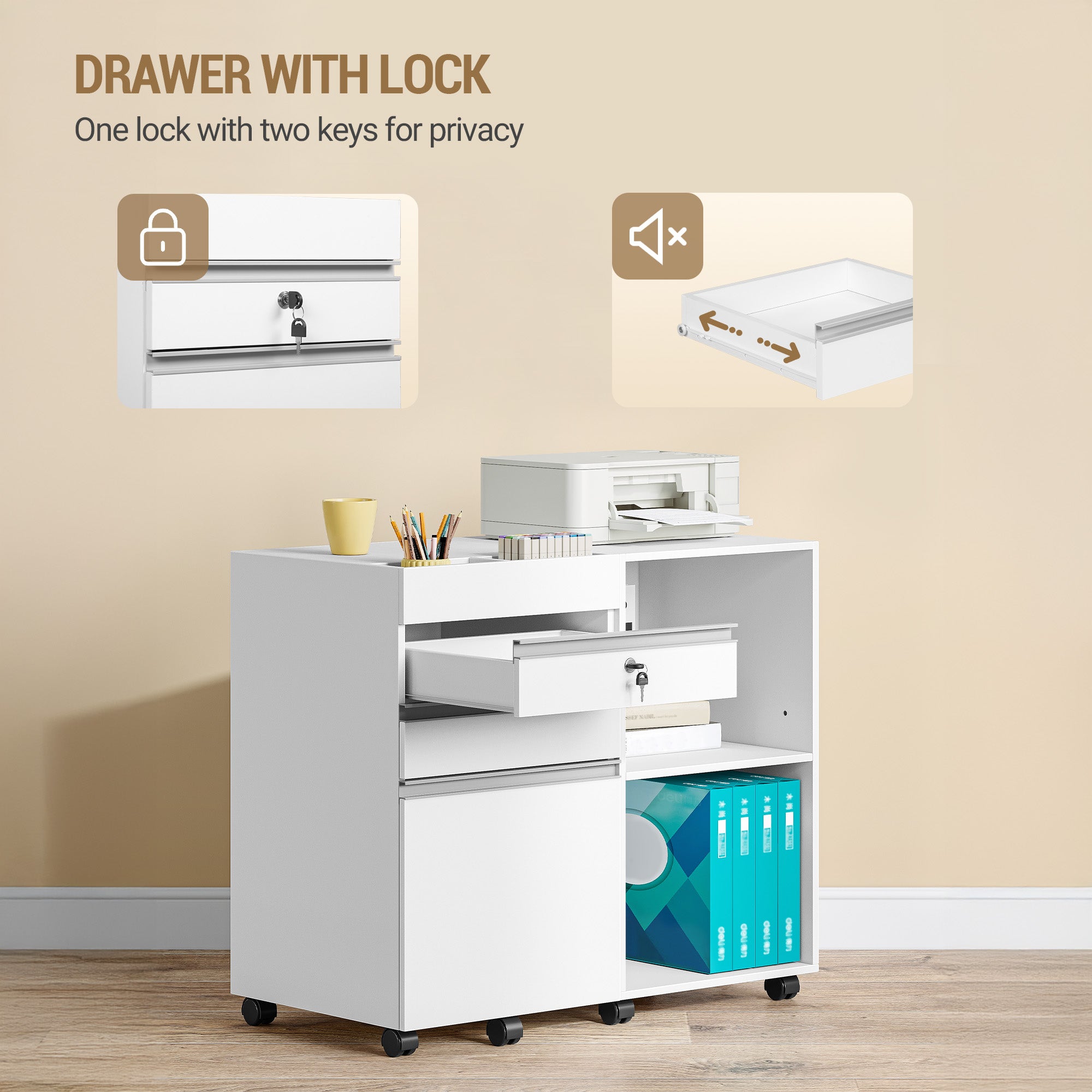 Hzuaneri Rolling Container, Mobile Filing Cabinet, Office Cabinet with 3 Drawers, 2 Open Compartments, Drawer Cabinet with Adjustable Hanging File for DIN A4, Letter, Office, Home Office, White FC42003X
