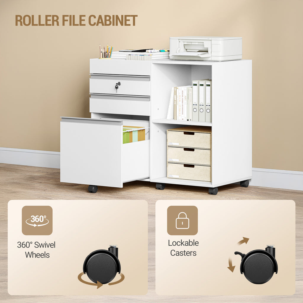 Hzuaneri Rolling Container, Mobile Filing Cabinet, Office Cabinet with 3 Drawers, 2 Open Compartments, Drawer Cabinet with Adjustable Hanging File for DIN A4, Letter, Office, Home Office, White FC42003X