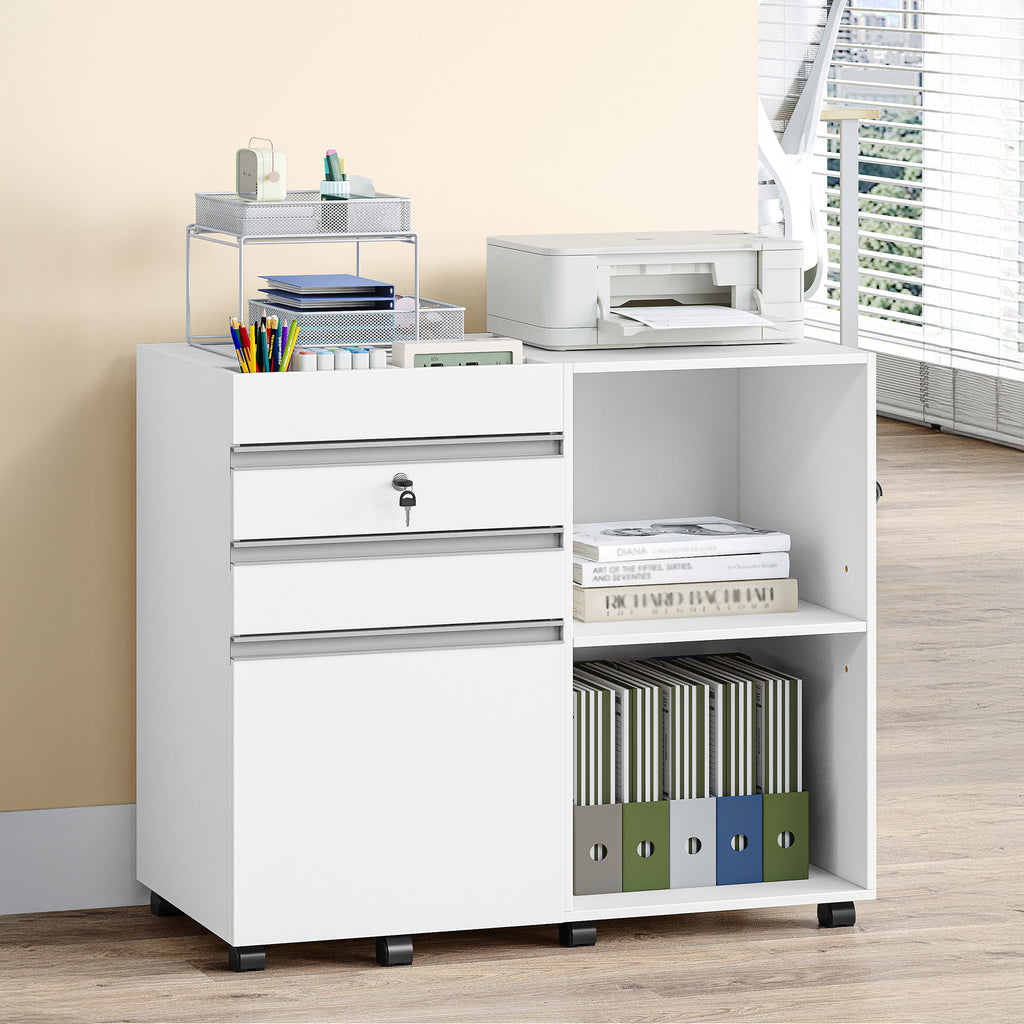 Hzuaneri Rolling Container, Mobile Filing Cabinet, Office Cabinet with 3 Drawers, 2 Open Compartments, Drawer Cabinet with Adjustable Hanging File for DIN A4, Letter, Office, Home Office, White FC42003X