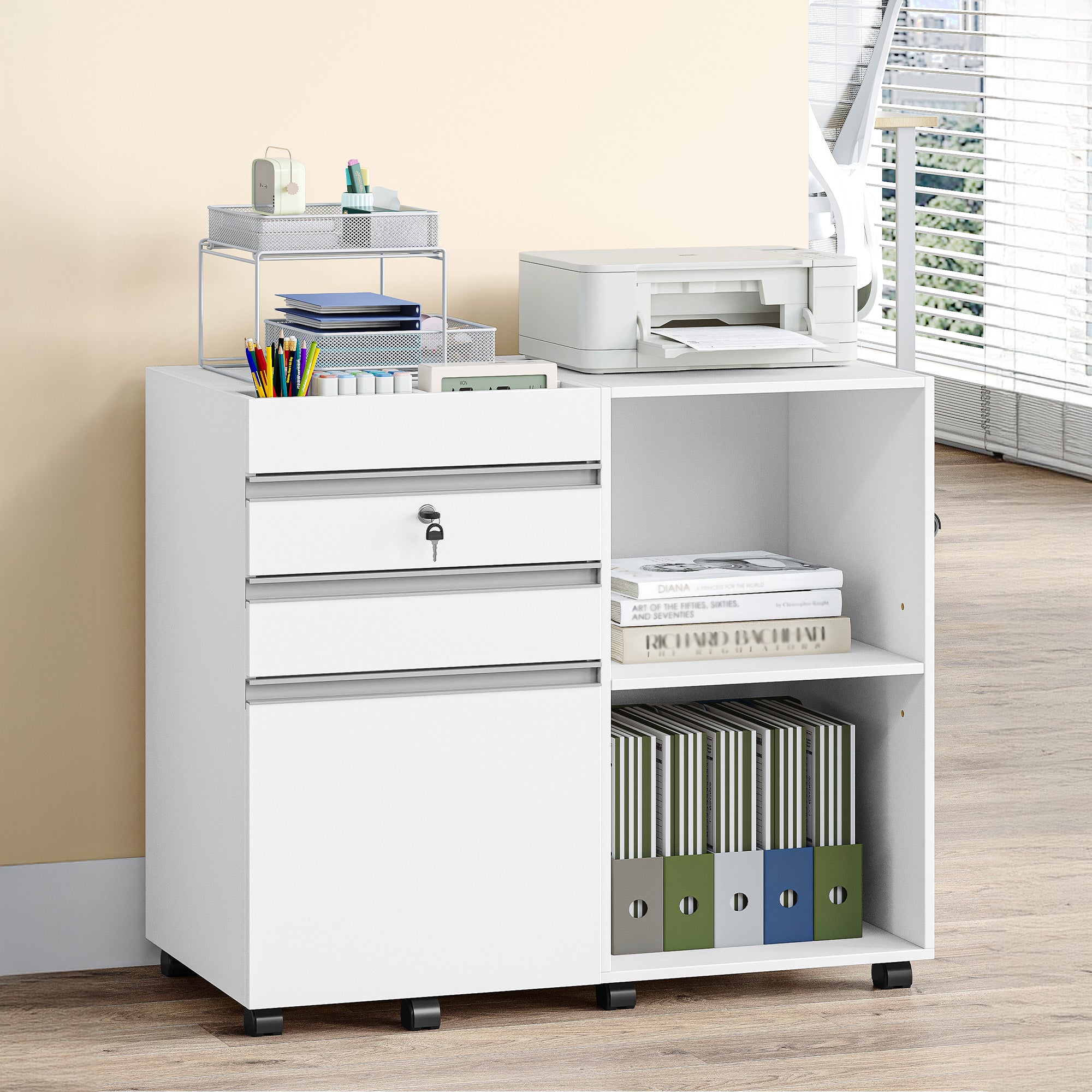 Hzuaneri Rolling Container, Mobile Filing Cabinet, Office Cabinet with 3 Drawers, 2 Open Compartments, Drawer Cabinet with Adjustable Hanging File for DIN A4, Letter, Office, Home Office, White FC42003X