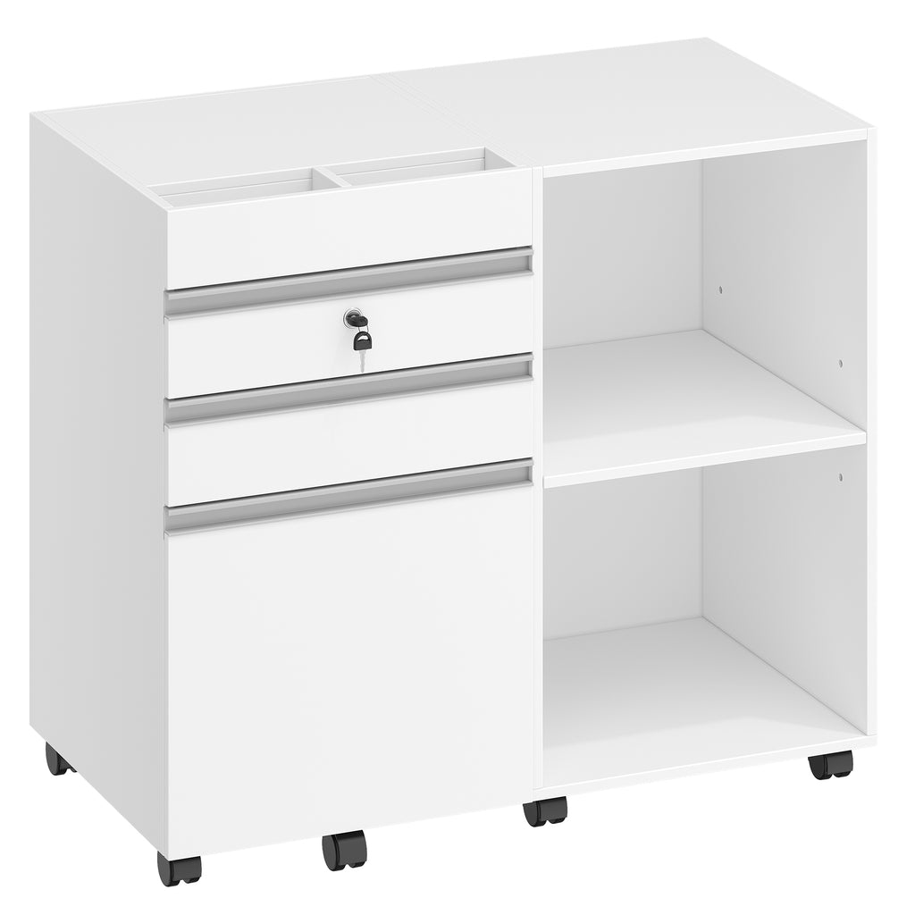 Hzuaneri Rolling Container, Mobile Filing Cabinet, Office Cabinet with 3 Drawers, 2 Open Compartments, Drawer Cabinet with Adjustable Hanging File for DIN A4, Letter, Office, Home Office, White FC42003X