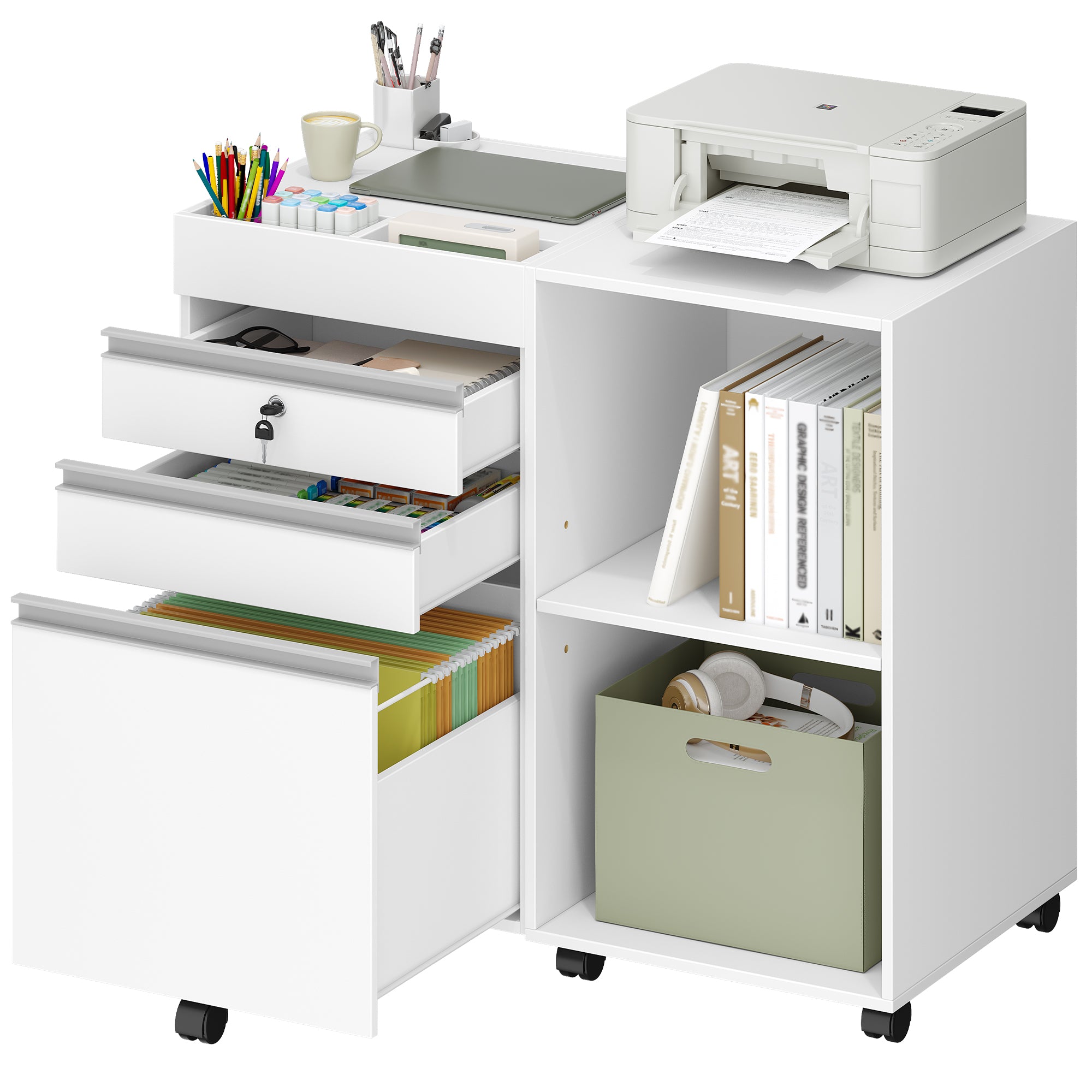 Hzuaneri Rolling Container, Mobile Filing Cabinet, Office Cabinet with 3 Drawers, 2 Open Compartments, Drawer Cabinet with Adjustable Hanging File for DIN A4, Letter, Office, Home Office, White FC42003X