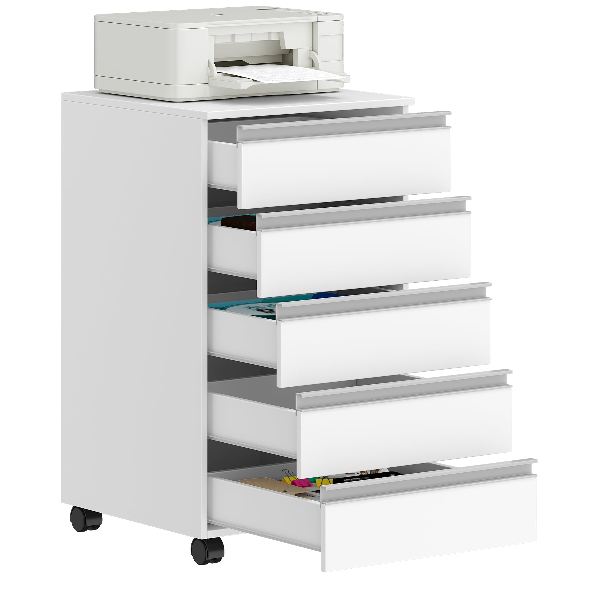 Hzuaneri rolling container, mobile filing cabinet, drawer cabinet with 5 drawers, storage cabinet for office and home office, white 40 x 40 x 70 cm FC55503X