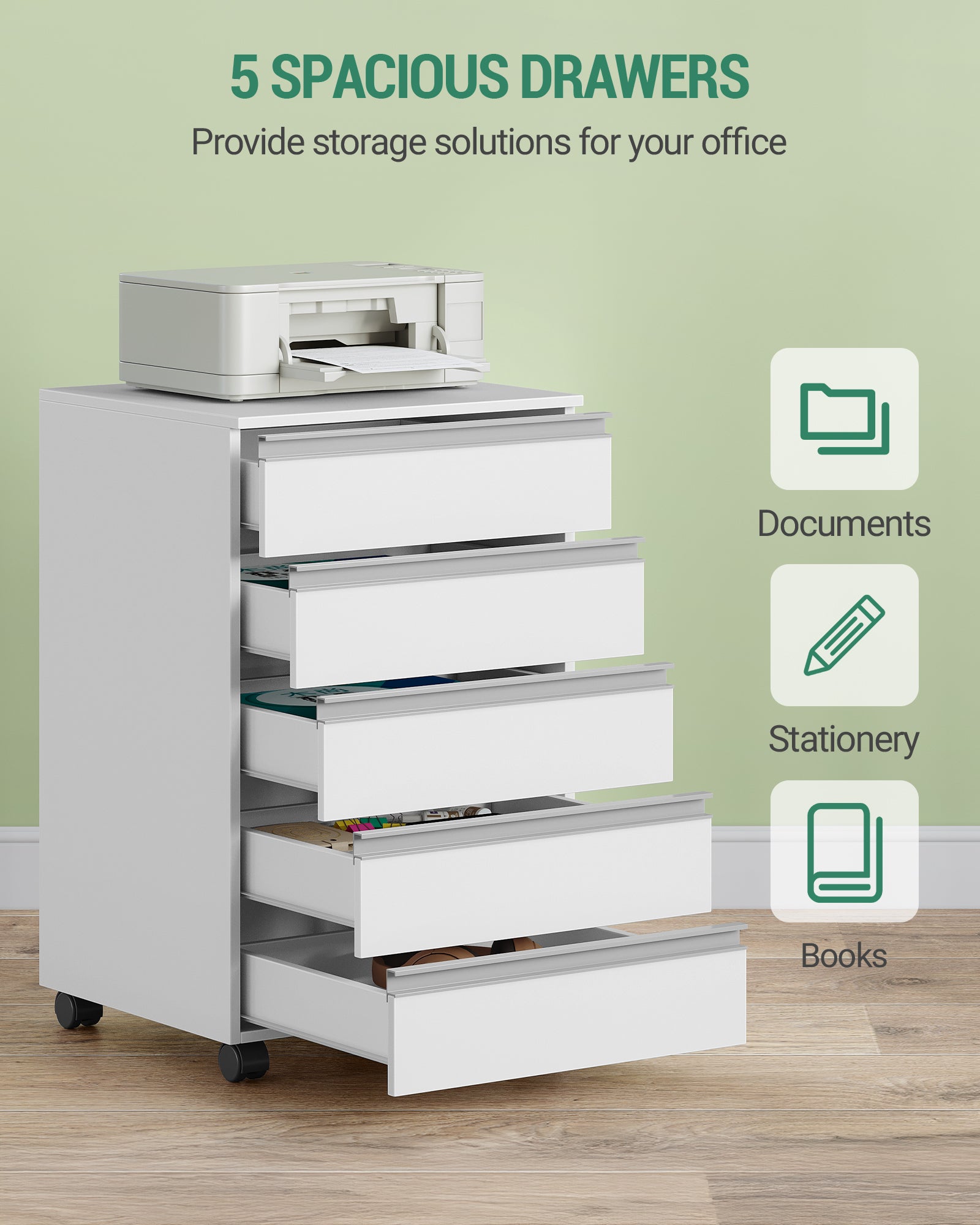 Hzuaneri rolling container, mobile filing cabinet, drawer cabinet with 5 drawers, storage cabinet for office and home office, white 40 x 40 x 70 cm FC55503X