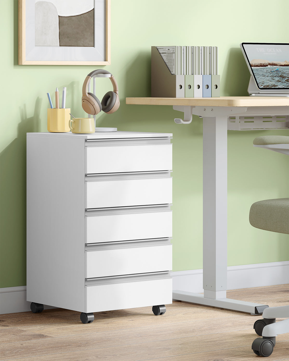 Hzuaneri rolling container, mobile filing cabinet, drawer cabinet with 5 drawers, storage cabinet for office and home office, white 40 x 40 x 70 cm FC55503X