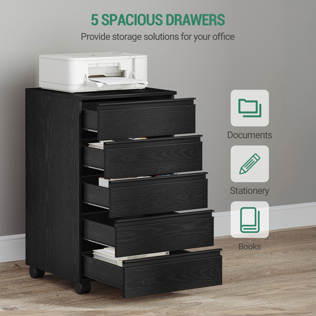 Hzuaneri Rolling Container, Mobile Filing Cabinet, Drawer Cabinet with 5 Drawers, Storage Cabinet for Office and Home Office, Black, 40 x 40 x 70 cm, FC55504X