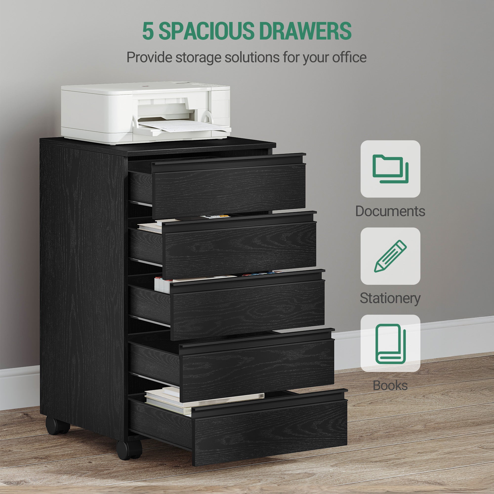 Hzuaneri Rolling Container, Mobile Filing Cabinet, Drawer Cabinet with 5 Drawers, Storage Cabinet for Office and Home Office, Black, 40 x 40 x 70 cm, FC55504X