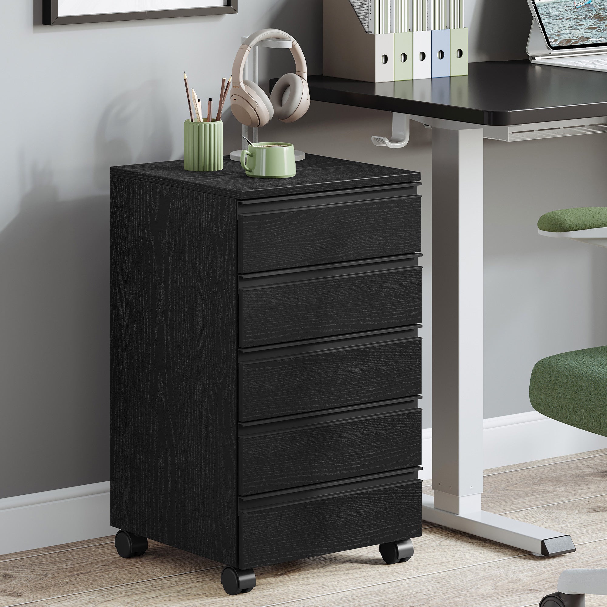 Hzuaneri Rolling Container, Mobile Filing Cabinet, Drawer Cabinet with 5 Drawers, Storage Cabinet for Office and Home Office, Black, 40 x 40 x 70 cm, FC55504X
