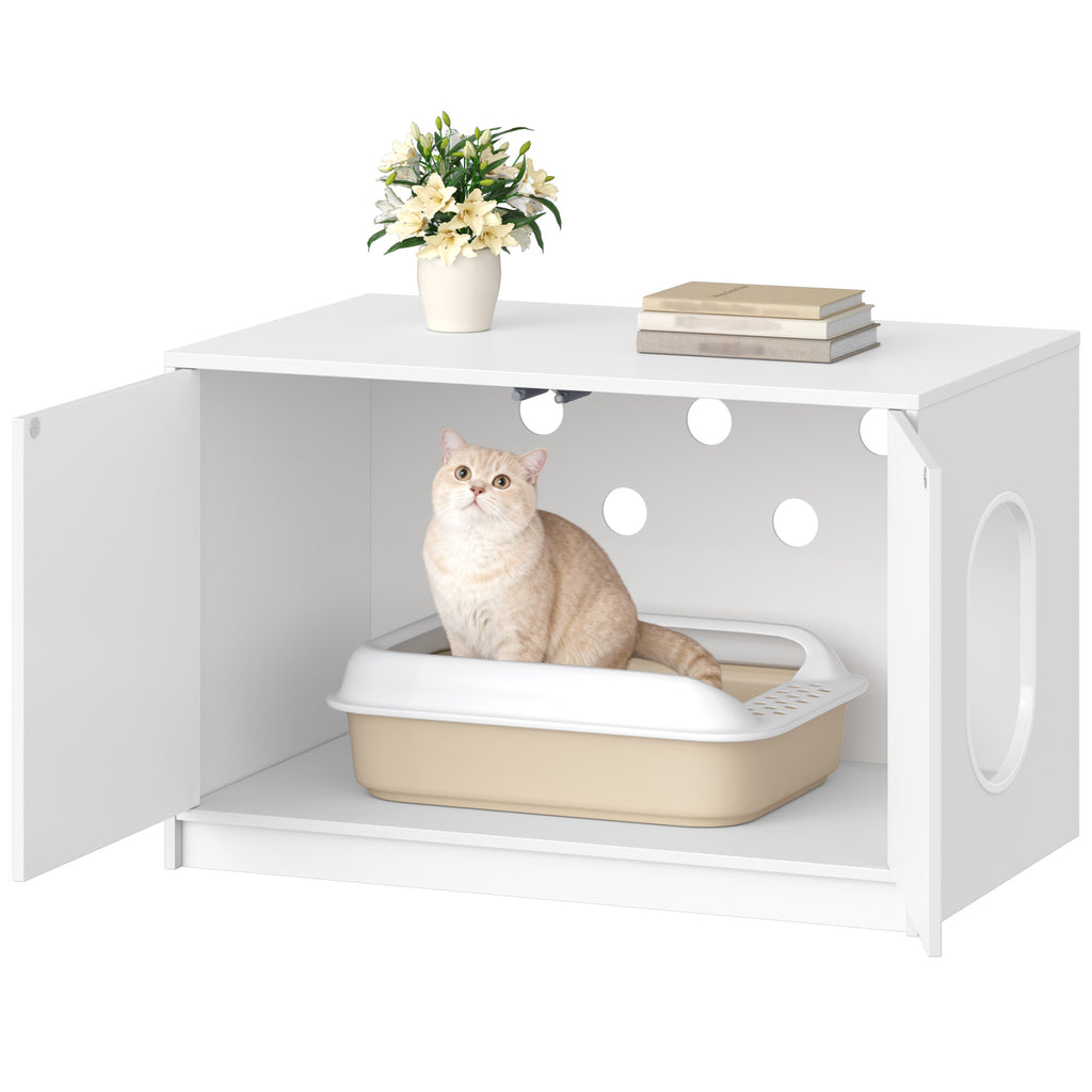 Fobyfurny Cat litter box cabinet, hidden cat toilet furniture, cat cabinet with push-to-open doors and ventilation holes, minimalist cat house, living room, 80 x 50 x 51.5 cm, white FPCB201PW1