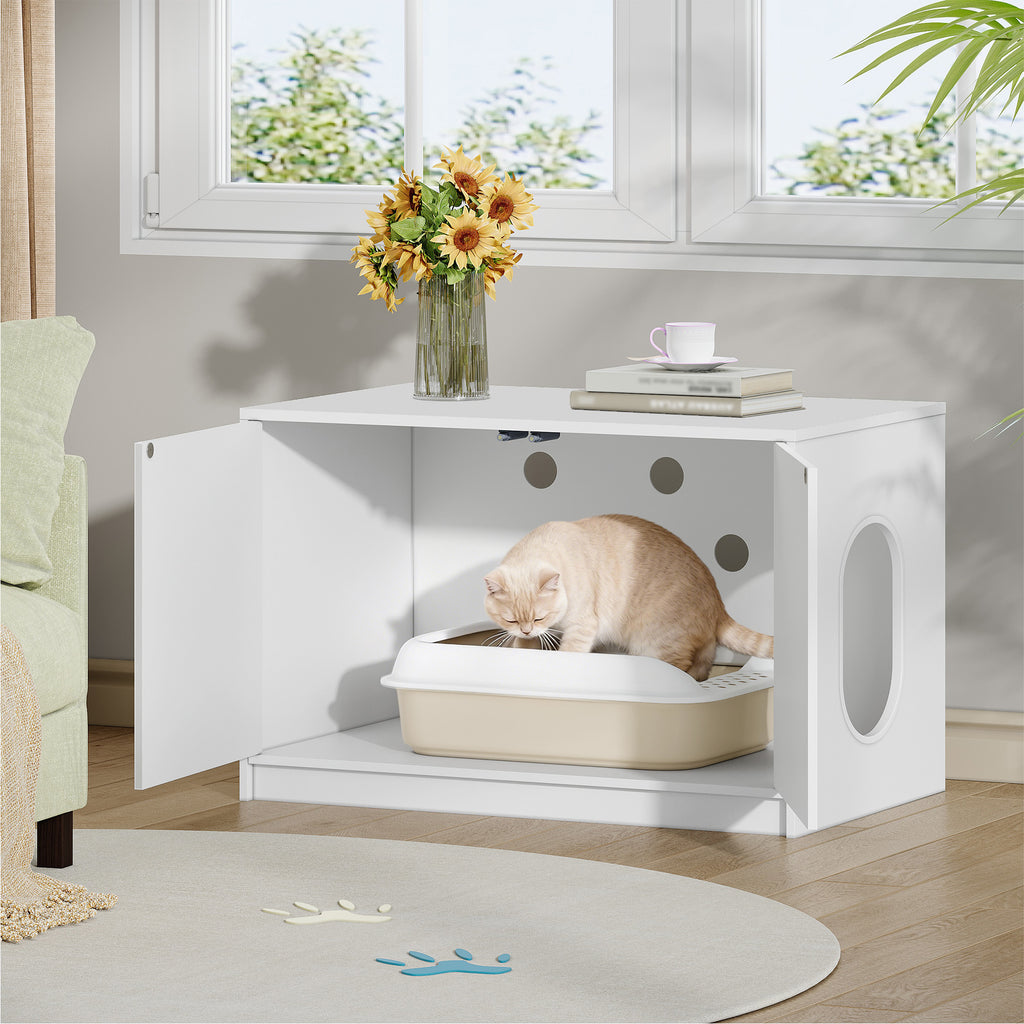 Fobyfurny Cat litter box cabinet, hidden cat toilet furniture, cat cabinet with push-to-open doors and ventilation holes, minimalist cat house, living room, 80 x 50 x 51.5 cm, white FPCB201PW1