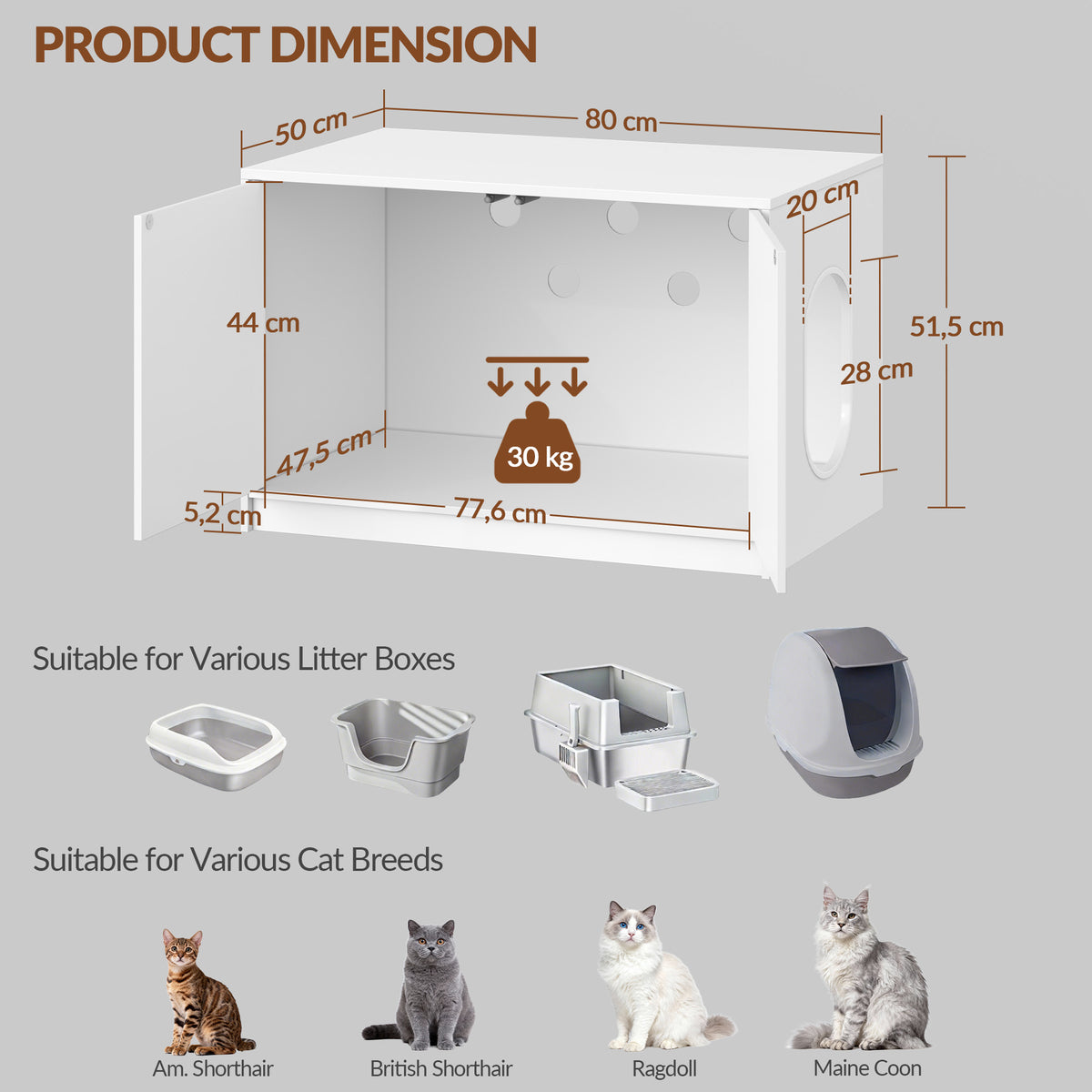 Fobyfurny Cat litter box cabinet, hidden cat toilet furniture, cat cabinet with push-to-open doors and ventilation holes, minimalist cat house, living room, 80 x 50 x 51.5 cm, white FPCB201PW1