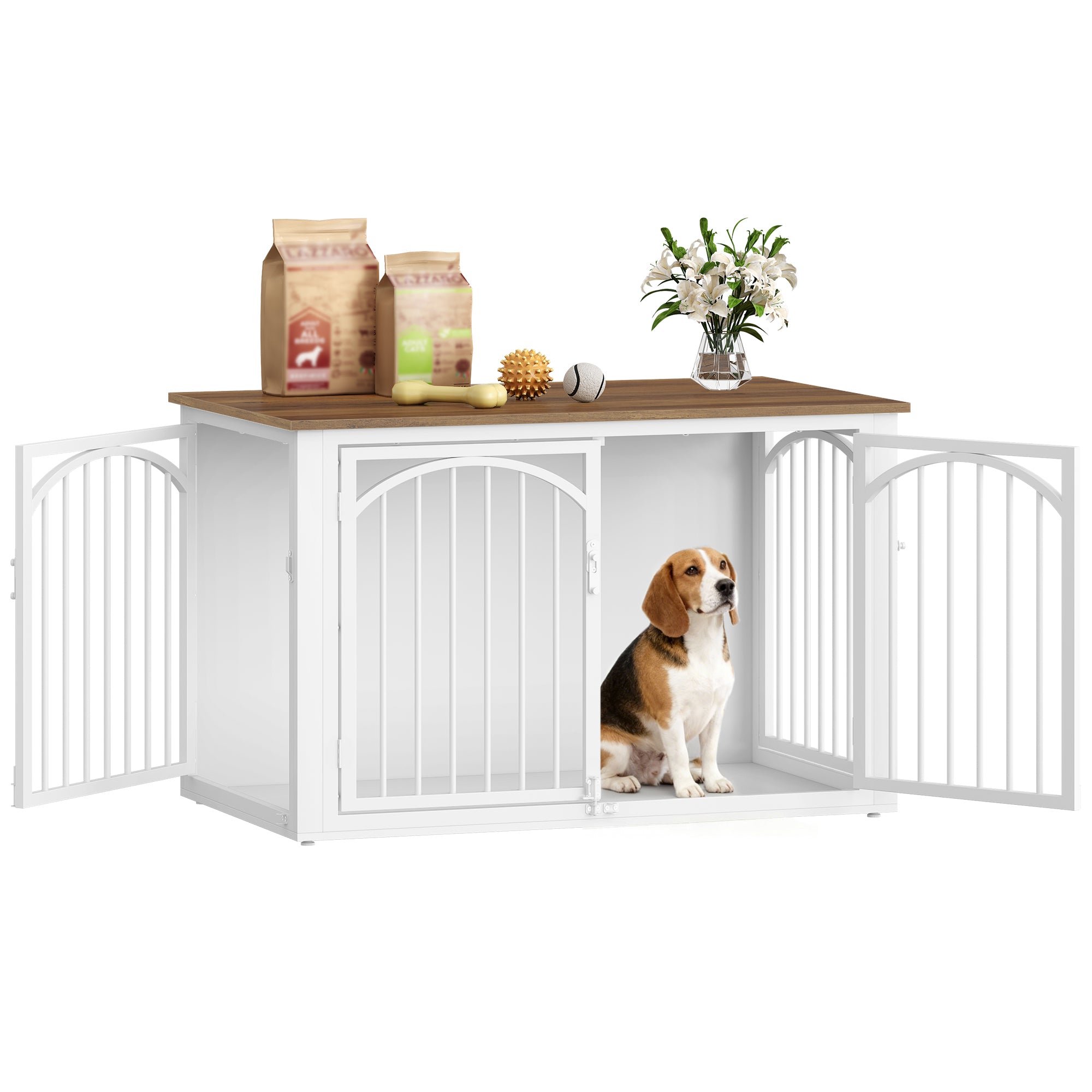 Fobyfurny Dog crate furniture, 100cm dog box for home use with 4 doors, modern wooden dog crate, side table, for medium to large dogs, indoor dog crate, 100 x 60 x 63 cm, brown and white FPDC002FWR1