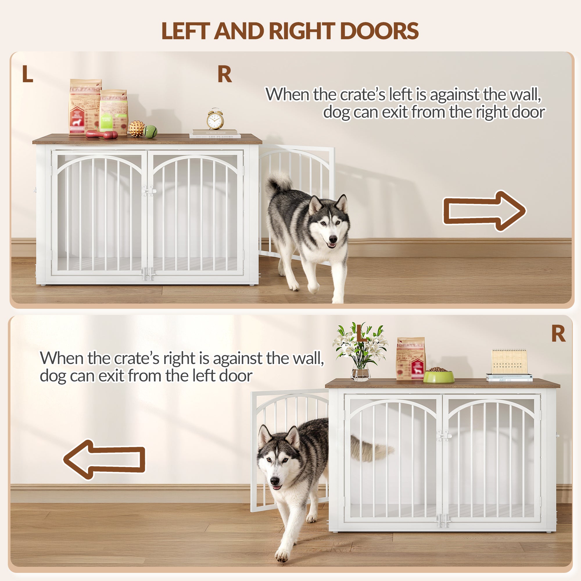 Fobyfurny Dog crate furniture, 100cm dog box for home use with 4 doors, modern wooden dog crate, side table, for medium to large dogs, indoor dog crate, 100 x 60 x 63 cm, brown and white FPDC002FWR1