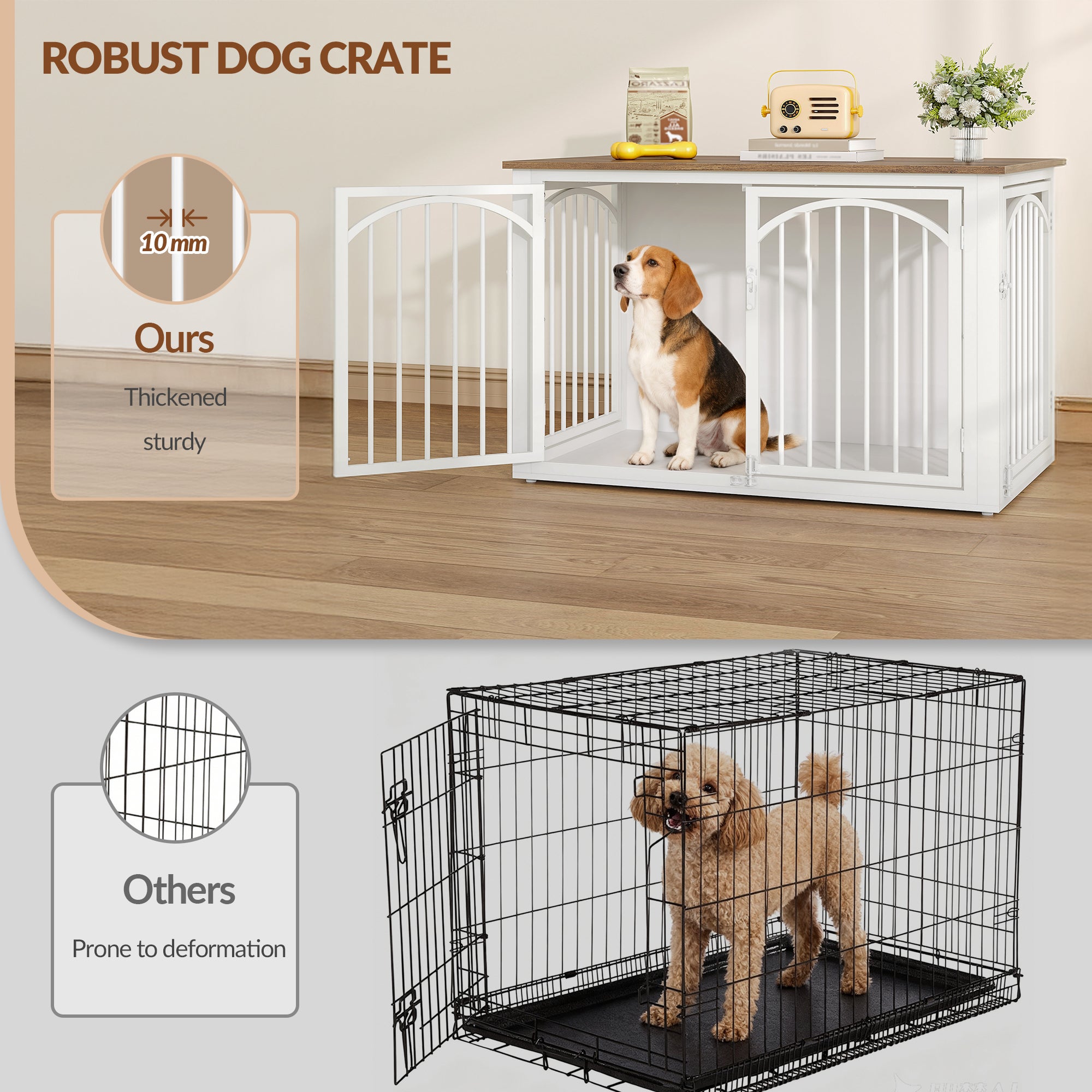 Fobyfurny Dog crate furniture, 100cm dog box for home use with 4 doors, modern wooden dog crate, side table, for medium to large dogs, indoor dog crate, 100 x 60 x 63 cm, brown and white FPDC002FWR1