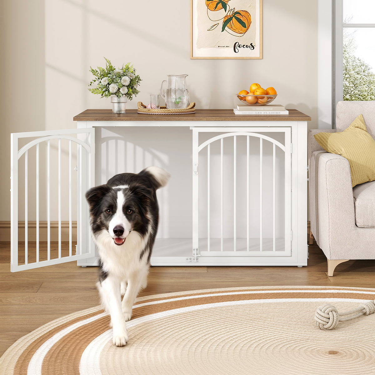 Fobyfurny Dog crate furniture, 100cm dog box for home use with 4 doors, modern wooden dog crate, side table, for medium to large dogs, indoor dog crate, 100 x 60 x 63 cm, brown and white FPDC002FWR1