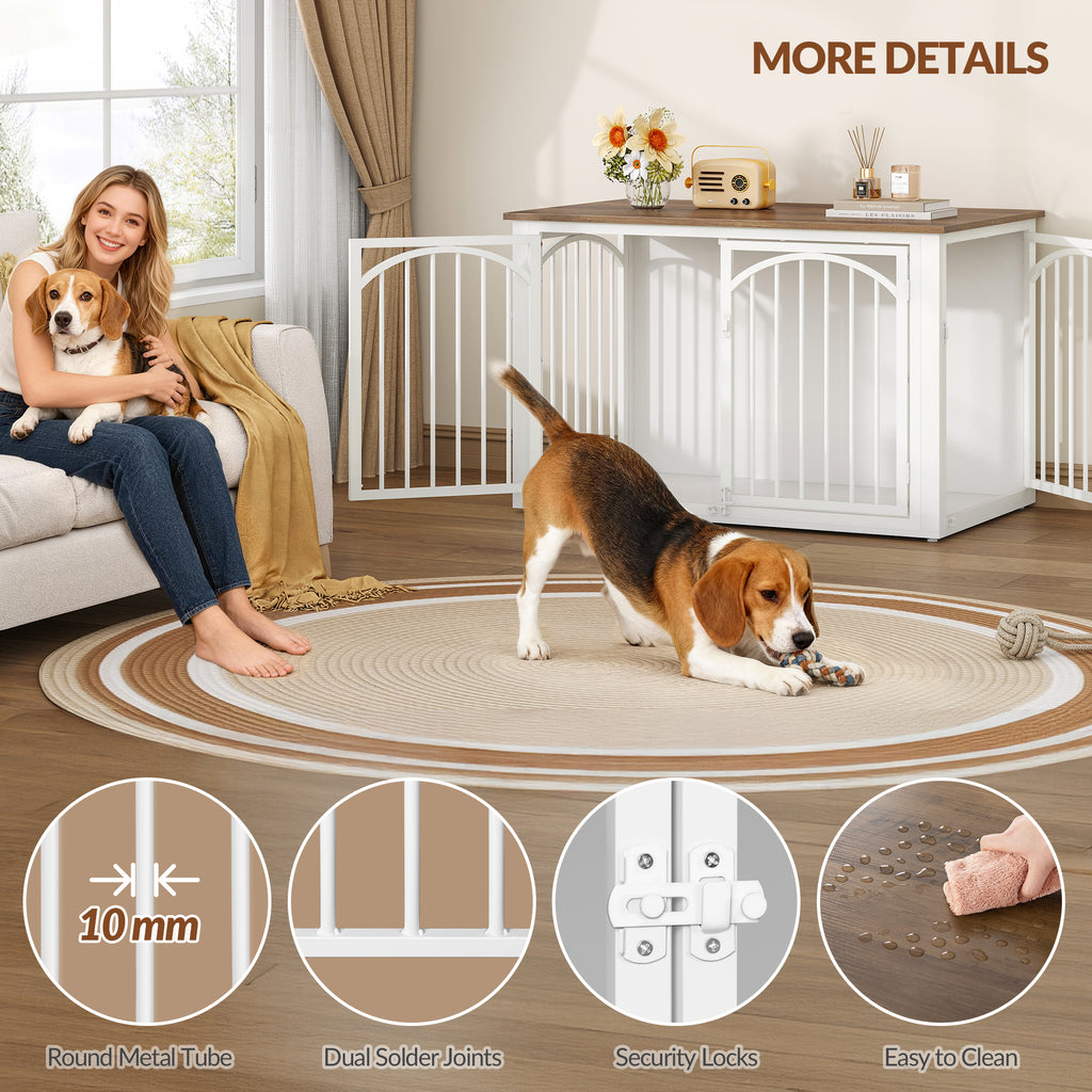 Fobyfurny Dog crate furniture, 100cm dog box for home use with 4 doors, modern wooden dog crate, side table, for medium to large dogs, indoor dog crate, 100 x 60 x 63 cm, brown and white FPDC002FWR1