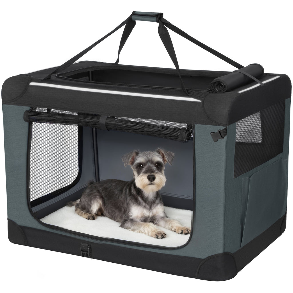 Fobyfurny Foldable Dog Carrier Bag, Breathable and Portable 3-Door Dog Carrier with Reflective Strips and Storage Pocket, Indoor and Outdoor Use, Grey, 60x42x42cm