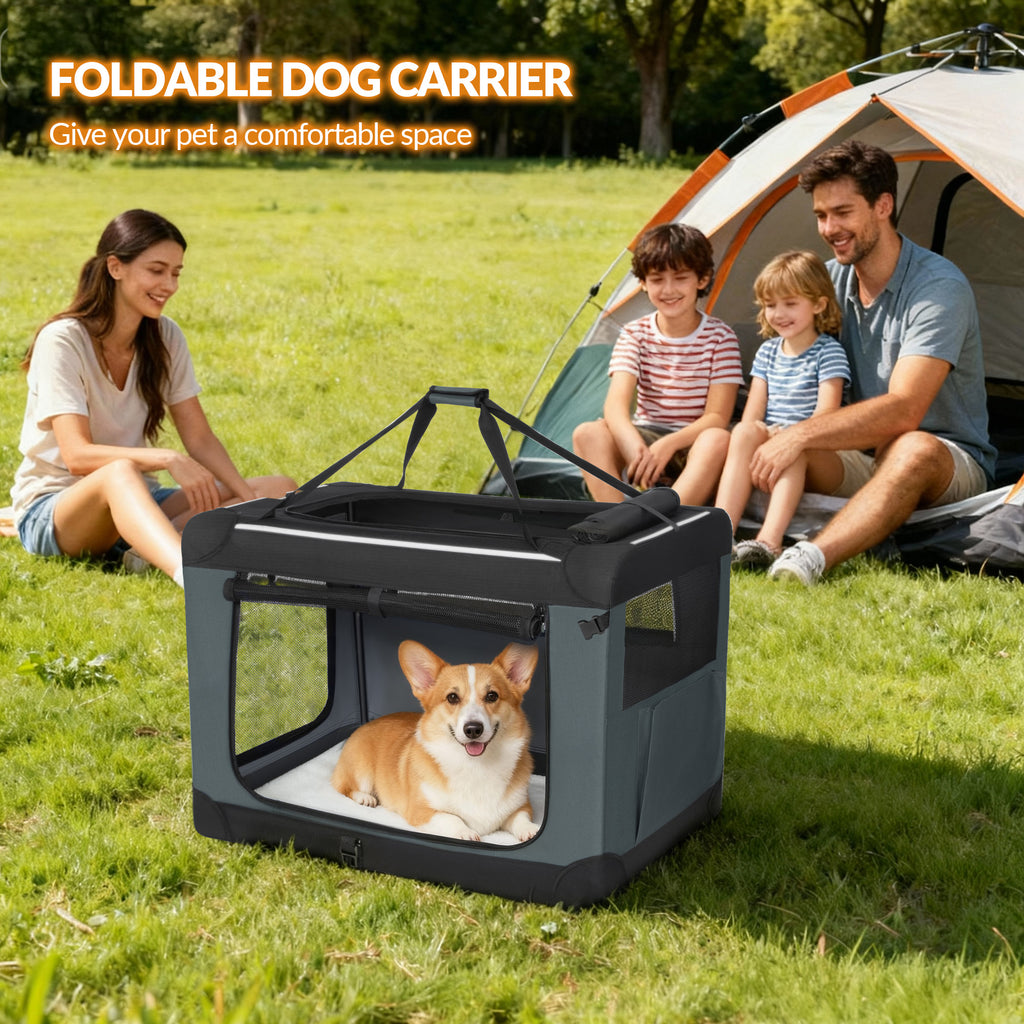 Fobyfurny Foldable Dog Carrier Bag, Breathable and Portable 3-Door Dog Carrier with Reflective Strips and Storage Pocket, Indoor and Outdoor Use, Grey, 60x42x42cm