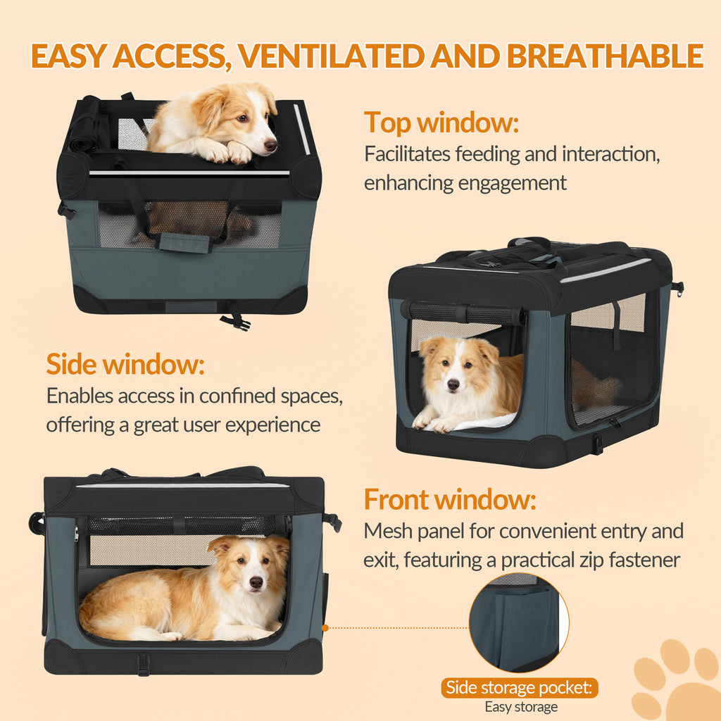 Fobyfurny Foldable Dog Carrier Bag, Breathable and Portable 3-Door Dog Carrier with Reflective Strips and Storage Pocket, Indoor and Outdoor Use, Grey, 60x42x42cm
