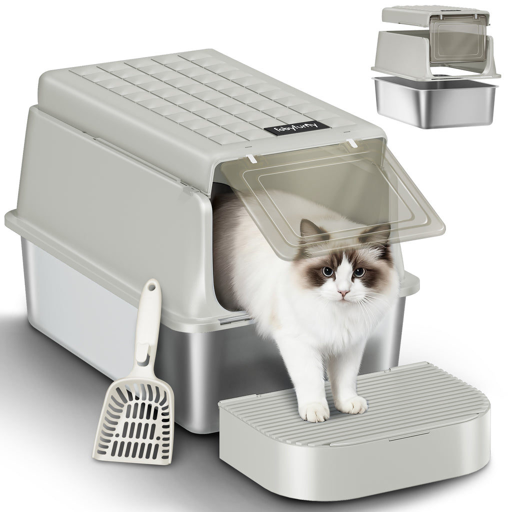 Fobyfurny Stainless Steel Cat Litter Tray with Lid, XXL Closed Metal Cat Litter Tray with Scoop and Footrest, Removable, 120° Hinged Lid, Easy to Clean, Dark Grey,FPLB001SG1
