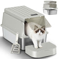 Fobyfurny Stainless Steel Cat Litter Tray with Lid, XXL Closed Metal Cat Litter Tray with Scoop and Footrest, Removable, 120° Hinged Lid, Easy to Clean, Dark Grey,FPLB001SG1