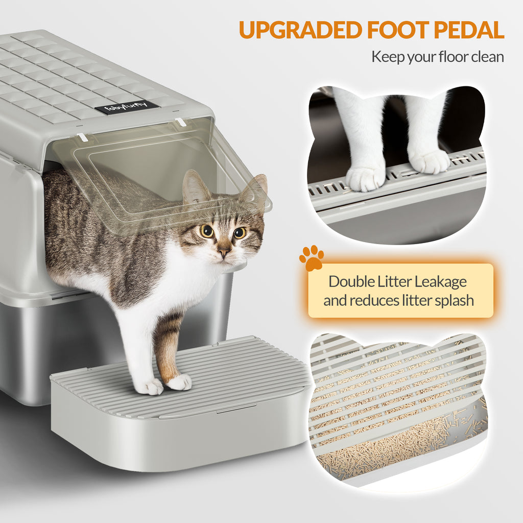 Fobyfurny Stainless Steel Cat Litter Tray with Lid, XXL Closed Metal Cat Litter Tray with Scoop and Footrest, Removable, 120° Hinged Lid, Easy to Clean, Dark Grey,FPLB001SG1