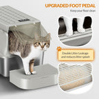 Fobyfurny Stainless Steel Cat Litter Tray with Lid, XXL Closed Metal Cat Litter Tray with Scoop and Footrest, Removable, 120° Hinged Lid, Easy to Clean, Dark Grey,FPLB001SG1