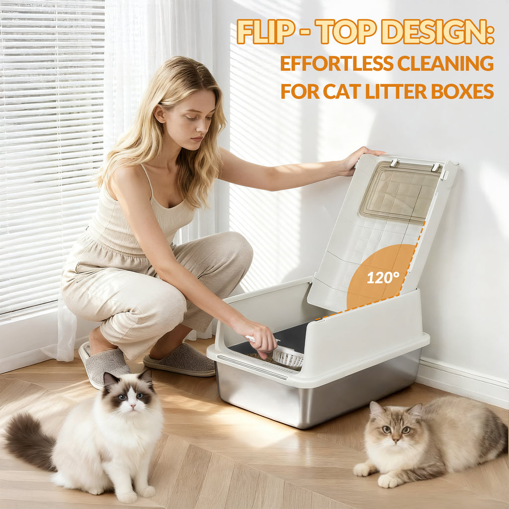 Fobyfurny Stainless Steel Cat Litter Tray with Lid, XXL Closed Metal Cat Litter Tray with Scoop and Footrest, Removable, 120° Hinged Lid, Easy to Clean, Dark Grey,FPLB001SG1
