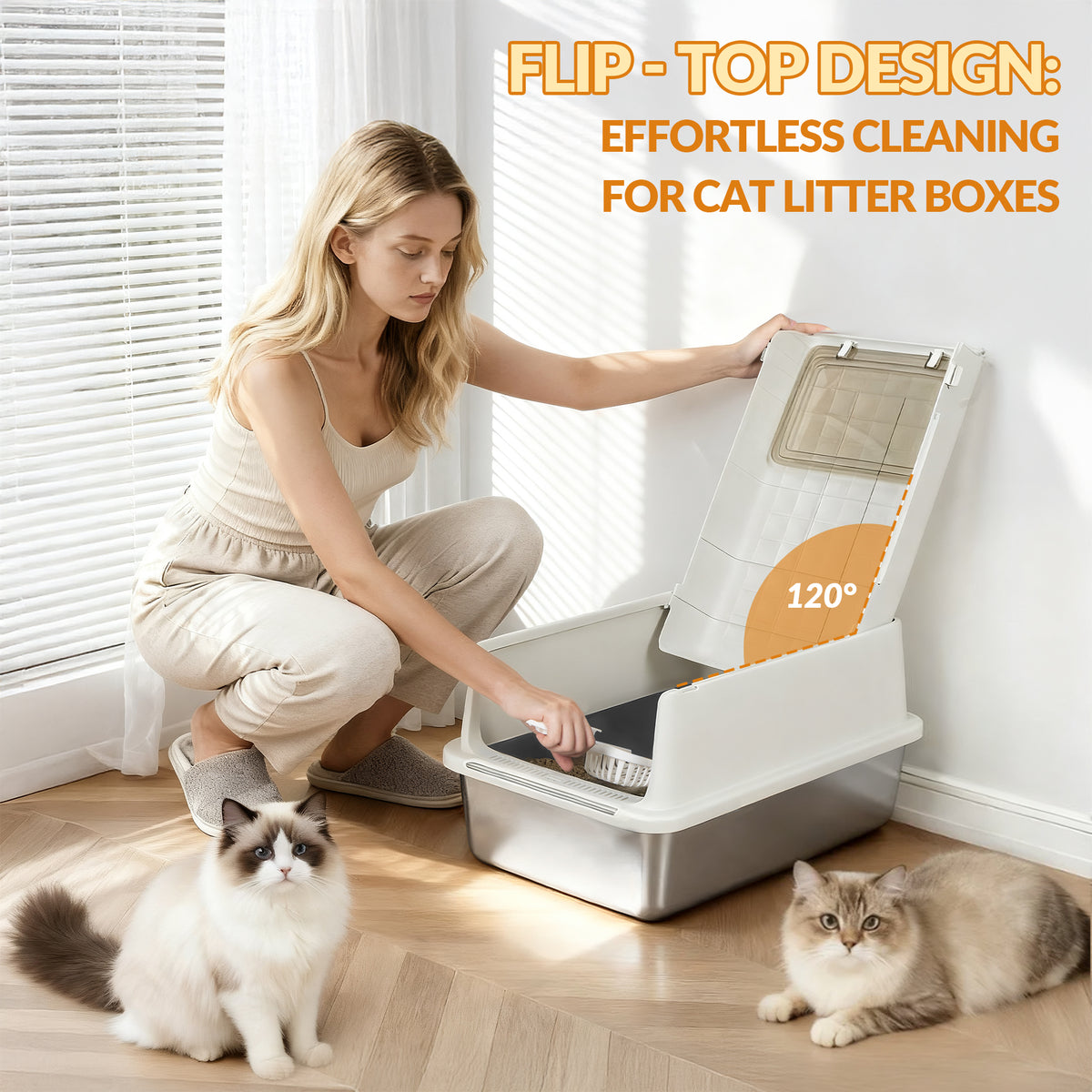 Fobyfurny Stainless Steel Cat Litter Tray with Lid, XXL Closed Metal Cat Litter Tray with Scoop and Footrest, Removable, 120° Hinged Lid, Easy to Clean, Dark Grey,FPLB001SG1
