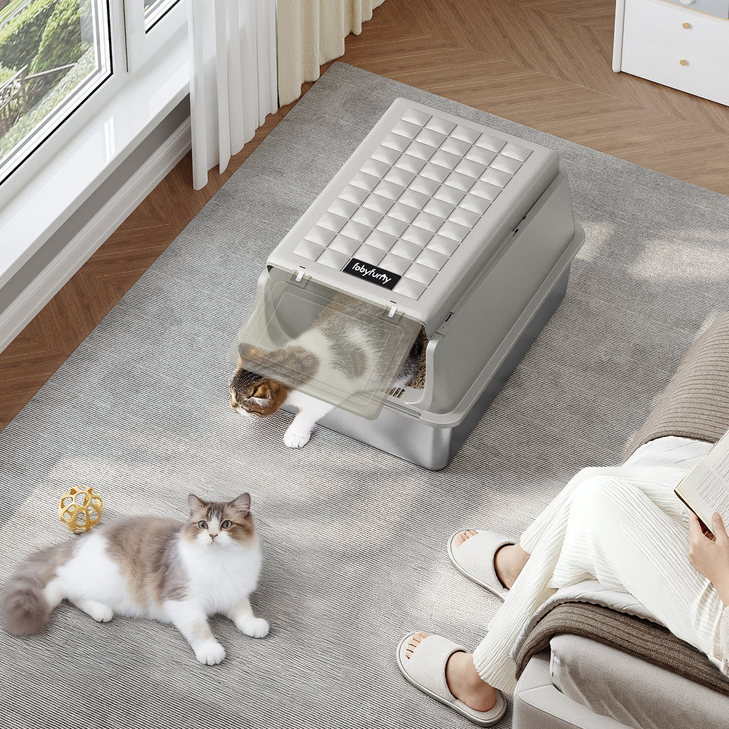 Fobyfurny Stainless Steel Cat Litter Tray with Lid, XXL Closed Metal Cat Litter Tray with Scoop and Footrest, Removable, 120° Hinged Lid, Easy to Clean, Dark Grey,FPLB001SG1