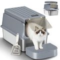 Fobyfurny Stainless Steel Cat Litter Tray with Lid, XXL Closed Metal Cat Litter Tray with Scoop and Footrest, Removable, 120° Hinged Lid, Easy to Clean, Dark Grey FPLB001SG2