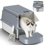 Fobyfurny Stainless Steel Cat Litter Tray with Lid, XXL Closed Metal Cat Litter Tray with Scoop and Footrest, Removable, 120° Hinged Lid, Easy to Clean, Dark Grey FPLB001SG2