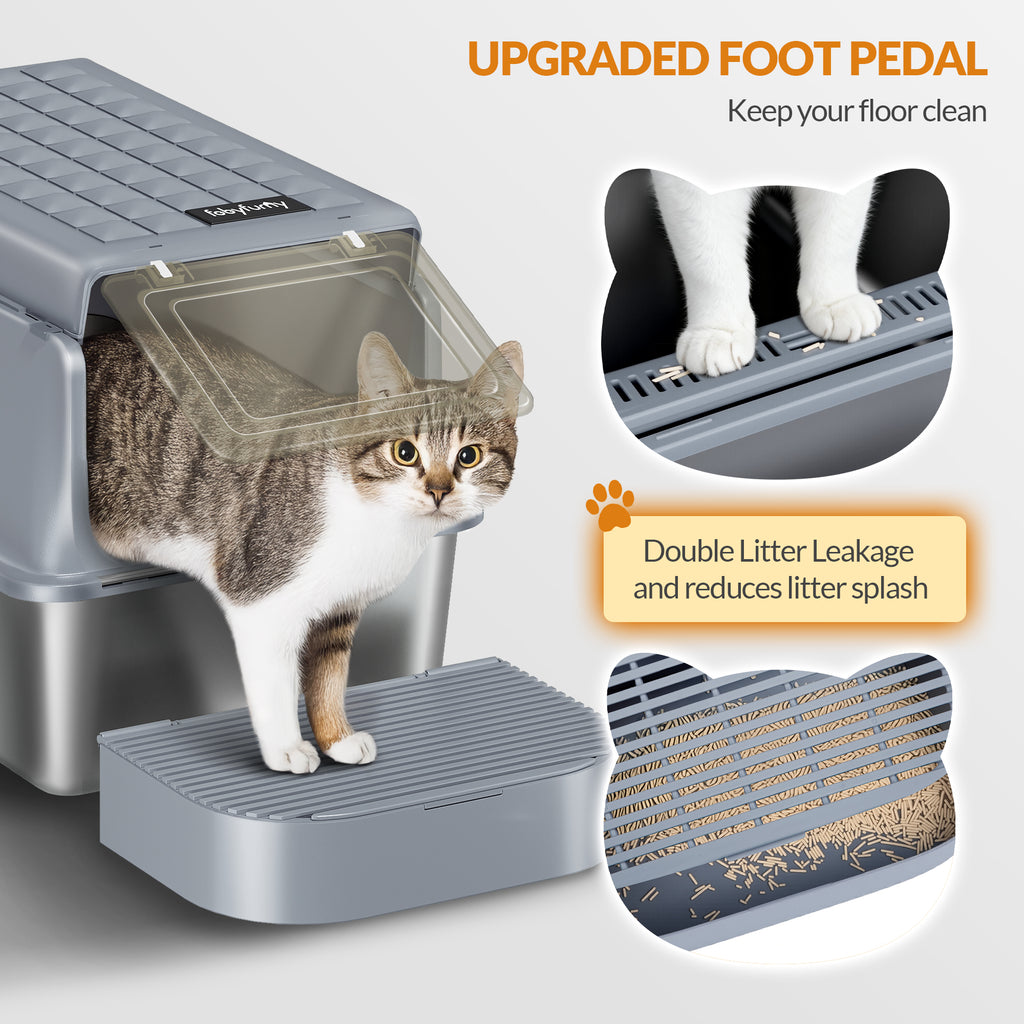 Fobyfurny Stainless Steel Cat Litter Tray with Lid, XXL Closed Metal Cat Litter Tray with Scoop and Footrest, Removable, 120° Hinged Lid, Easy to Clean, Dark Grey FPLB001SG2