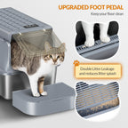 Fobyfurny Stainless Steel Cat Litter Tray with Lid, XXL Closed Metal Cat Litter Tray with Scoop and Footrest, Removable, 120° Hinged Lid, Easy to Clean, Dark Grey FPLB001SG2