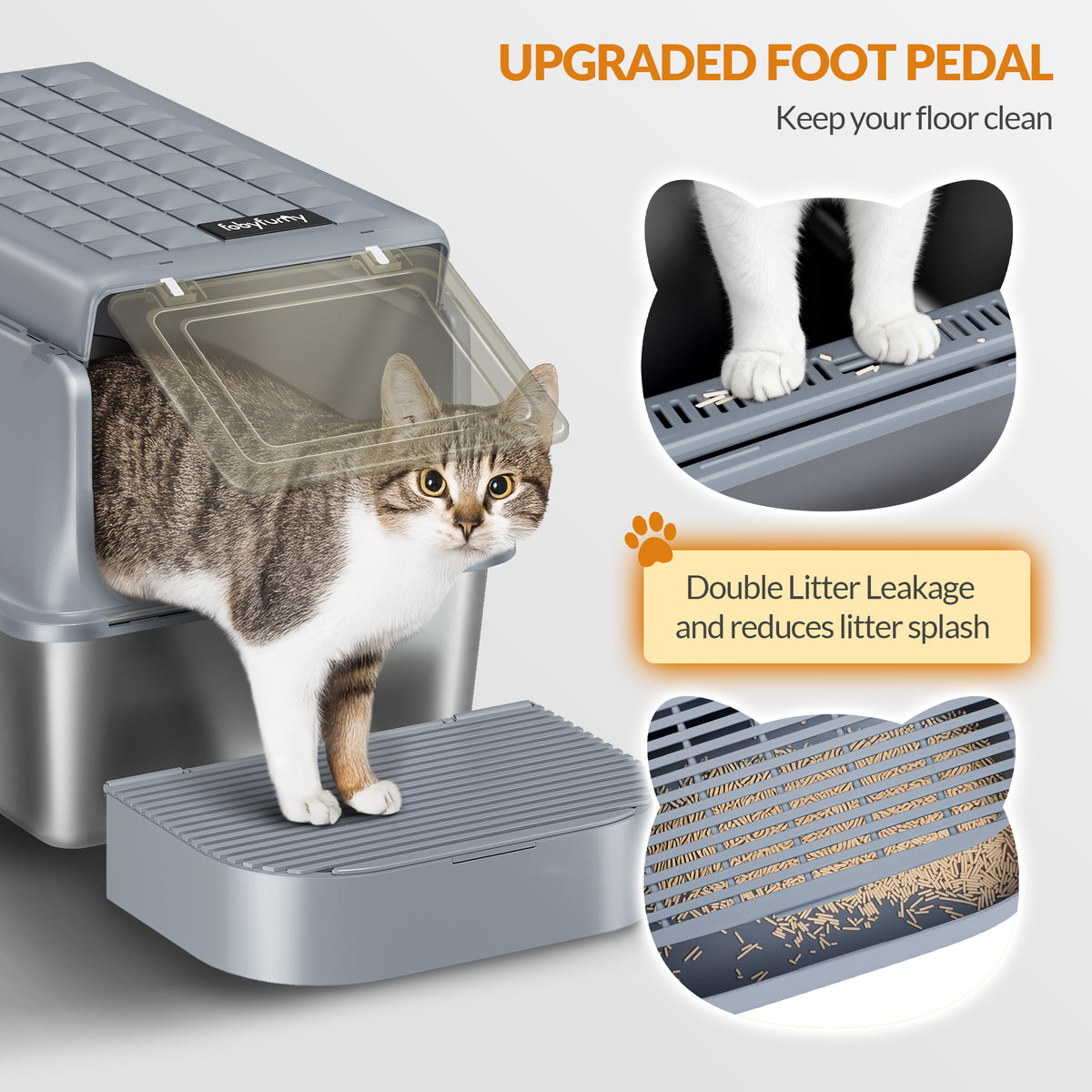 Fobyfurny Stainless Steel Cat Litter Tray with Lid, XXL Closed Metal Cat Litter Tray with Scoop and Footrest, Removable, 120° Hinged Lid, Easy to Clean, Dark Grey FPLB001SG2