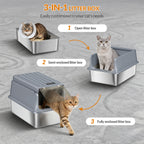 Fobyfurny Stainless Steel Cat Litter Tray with Lid, XXL Closed Metal Cat Litter Tray with Scoop and Footrest, Removable, 120° Hinged Lid, Easy to Clean, Dark Grey FPLB001SG2