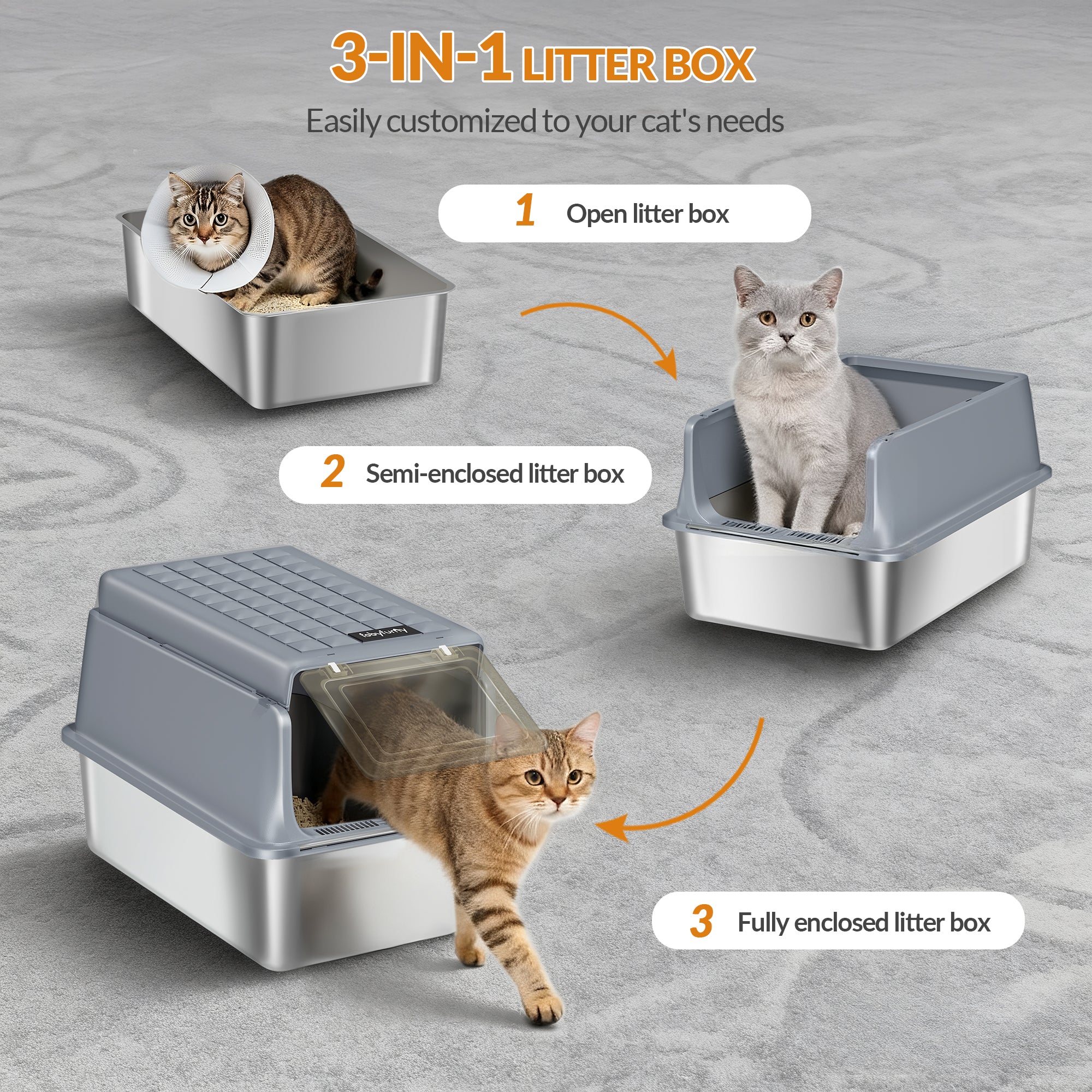 Fobyfurny Stainless Steel Cat Litter Tray with Lid, XXL Closed Metal Cat Litter Tray with Scoop and Footrest, Removable, 120° Hinged Lid, Easy to Clean, Dark Grey FPLB001SG2