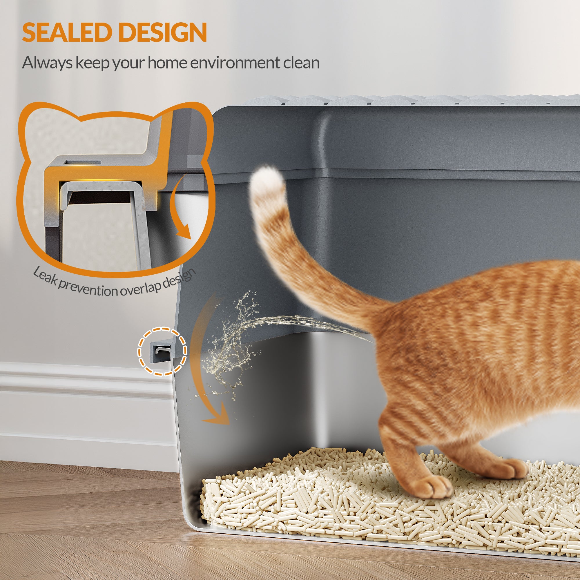 Fobyfurny Stainless Steel Cat Litter Tray with Lid, XXL Closed Metal Cat Litter Tray with Scoop and Footrest, Removable, 120° Hinged Lid, Easy to Clean, Dark Grey FPLB001SG2