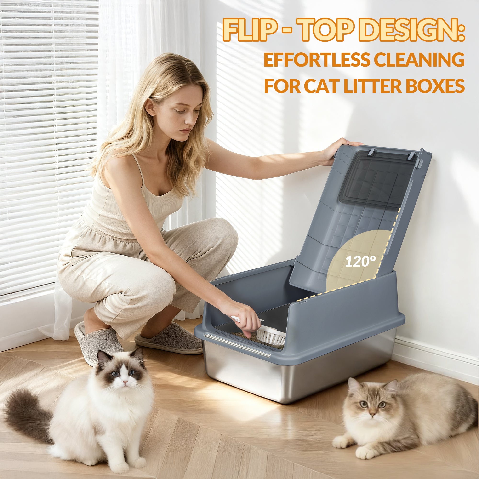 Fobyfurny Stainless Steel Cat Litter Tray with Lid, XXL Closed Metal Cat Litter Tray with Scoop and Footrest, Removable, 120° Hinged Lid, Easy to Clean, Dark Grey FPLB001SG2